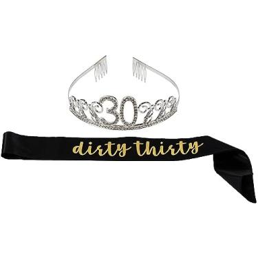 Imagem de Happy Birthday Tiara and Sash Set - Rhinestone Queen Tiara with Dirty Thirty Satin Sash Decoration for 30th Birthday