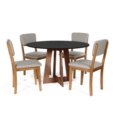 Imagem de Mesa De Jantar Redonda Montreal Pret/nor Com 4 Cadeiras Estofadas Ella Cinza Claro