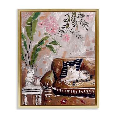 Imagem de Stupell Industries Desenho de arte de parede em tela flutuante com moldura dourada Cat Nap on Couch por Annabelle Hall, 25 x 31