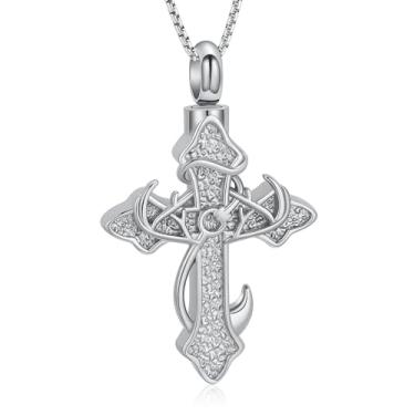 Imagem de Ydmwannx Colar de urna com cruz para cinzas, anzol de peixe, joia de cremação, pingente de cinzas de chifre de veado para mulheres e homens, lembrança memorial de cinzas, medalhão do amor, One Size