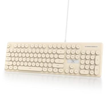 Imagem de Ussixchare Teclado de computador retrô com fio, teclado de máquina de escrever silencioso, teclados fofos Khaqi iluminados com teclas redondas, retroiluminação LED, 104 teclas para PC, laptop (Khaqi)