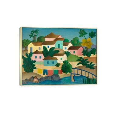 Imagem de Tarsila do Amaral Famosas Impressões em Tela-Imagem arte parede lona-Moldura Prata Pintura decoração quarto Sala de estar(vila com ponte e árvore) 60x80cm