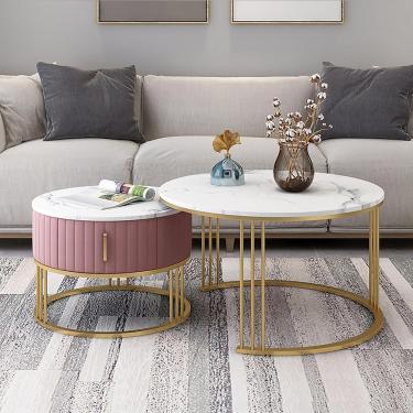 Imagem de Conjunto De 2 Mesas De Café Redondas, Mesa De Coquetel Moderna Com Tampo De Mármore Falso, 2 Peças Mesa Lateral De Acabamento Mdf Mesa De Acento Para Escritório Quarto, C, 50x40+70x45cm