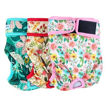 Imagem de Leekalos Fraldas reutilizáveis laváveis para cães femininas (pacote com 3) – Fraldas altamente absorventes para cachorros – Fraldas ajustáveis para filhotes de cachorro (tamanho médio, flora)