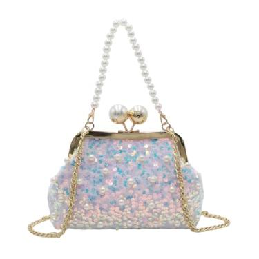 Imagem de Amamcy Bolsa de mão feminina brilhante com lantejoulas com glitter e alça de pérola, para formatura, festa de casamento, Branco, One Size