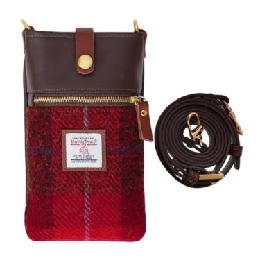 Imagem de TAILORMAP Bolsa tiracolo feminina Harris Tweed feita à mão para celular pequena com tecido de lã de couro de microfibra, Tartã vermelho, 7.5" × 4.3" × 1.2" (Small), Tartã escocês
