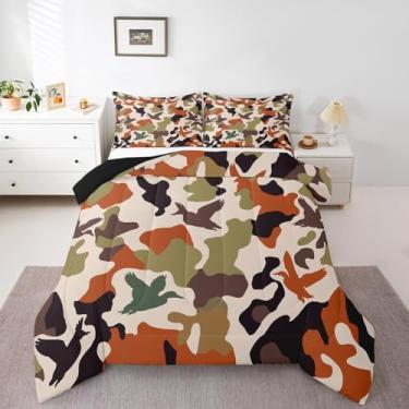 Imagem de Erosebridal Conjunto de edredom de camuflagem King Size para crianças, caça, fazenda, acampamento, vintage, verde, decoração de quarto do exército, pato selvagem, animal rústico, conjunto de edredom
