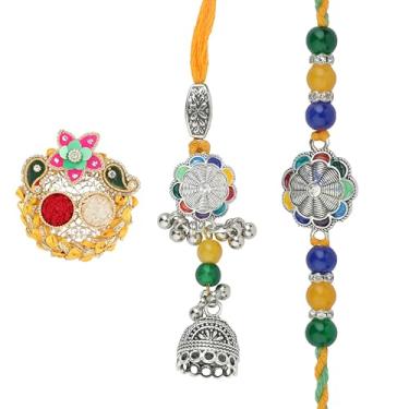 Imagem de Conjunto de 2 Rakhi para irmão conjunto de 2 Rakhi Lumba para pulseira de fios Bhai Bhaiya Veera Dora para Rakhee pacote de vale-presente com suporte Tilak Copra Kumkum prato para festival tradicional