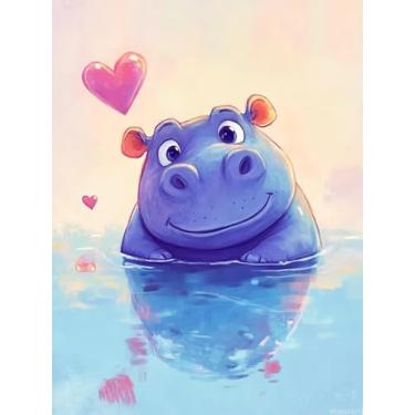 Imagem de PUAGEMTI Pintura de diamante, kit de arte de hipopótamo DIY de diamante completo para iniciantes, kits de strass para adultos, decoração de banheiro, decoração de quarto ou presentes de 30 x 40 cm
