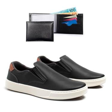 Imagem de Kit Tenis Casual Iate Masculino Com Carteira Resistente Sapatenis Confortavel Leve Macio Dia A Dia Slip On (Preto, BR, Adulto, Numérico, 41)