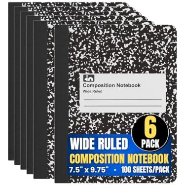 Imagem de 1InTheOffice Caderno de composição pautado amplo 24 x 19 cm, caderno de mármore preto, capa dura, 100 folhas, (pacote com 6)