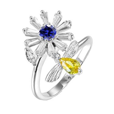 Imagem de Lindo anel giratório floral com margarida, abelha, zircônia cúbica, ansiedade, noivado, TDAH, alívio de estresse, brinquedos fidget ajustáveis, Cobre