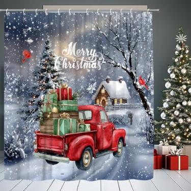 Imagem de ASVEAS Cortina de chuveiro de caminhão de Natal pássaro vermelho rústico inverno árvore neve campo de neve tecido vintage para decoração de banheiro banheira com ganchos (177.8 cm WX70 H)