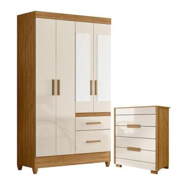 Imagem de Guarda Roupa Solteiro Madri com espelho e Cômoda Dhara Freijó Off Whit