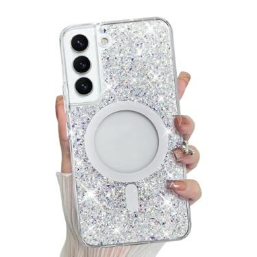 Imagem de Bonoma Capa para Samsung Galaxy S22 Plus, parte traseira brilhante com glitter, suporte magnético para capa à prova de choque MagSafe, proteção de alta qualidade transparente para capa de telefone