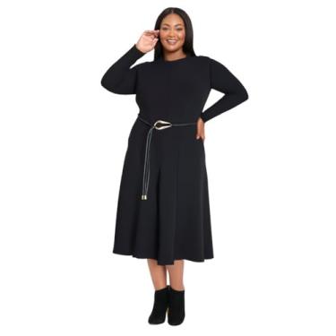 Imagem de Maggy London Vestido midi feminino de manga comprida com cinto de amarrar, silhueta evasê, gola redonda, corpete justo, Preto, 48