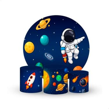 Imagem de Kit Capa para Painel Redondo e Cilindros, Tema Espacial, Poliéster, 150x150cm, Sistema Veste Fácil, Estampa Astronauta e Planetas, Decoração Infantil, 4 Peças