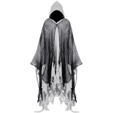 Imagem de Geyoga Halloween Grim Reaper Costume Halloween Scary Cloak Witch Costume Hooded Cape for Adult Cosplay Props(Gray,Small)
