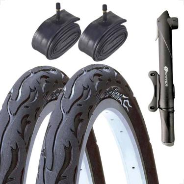 Imagem de PAR Pneu Bicicleta Kenda Flame Balão Aro 26 x 2.125 Liso Fogo + PAR Camara Bico Grosso + Bombinha