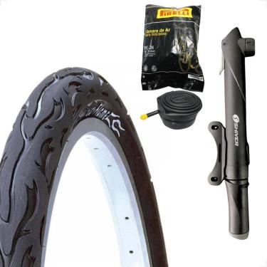Imagem de Pneu Bicicleta Kenda Flame Balão Aro 26 x 2.125 Liso Fogo + Camara Pirelli Bombinha de ar portatil