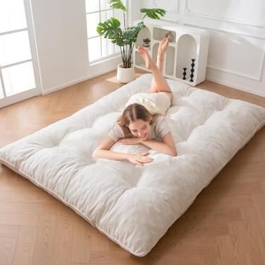 Imagem de MAXYOYO Colchão japonês, tamanho casal, colchão futon dobrável de 15 cm, cama de chão tufado, tapete de tatame grosso de chenille, almofada de dormir para acampamento, quarto de hóspedes, dormitório