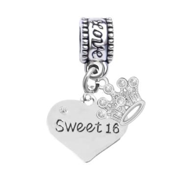 Imagem de Pingente de 16 corações com coroa para pulseira, pingente de lembrança de aniversário de aço inoxidável banhado a prata, compatível com Pandora, pulseiras europeias, presente de joias DIY