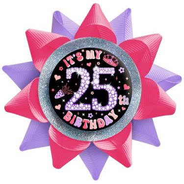 Imagem de TxscOxwP1 Botão feito à mão It's My 25th Birthday, broches de botão de 25 anos para meninas, broches de fita de gorgorão rosa choque e roxo para mulheres de 25 anos de idade, decorações de festa de