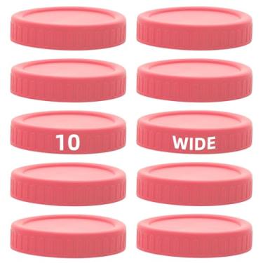 Imagem de 10 tampas de pote rosa de boca larga para mais de 8,5 cm - tampas de armazenamento de plástico branco para frascos de conserva de boca larga - à prova de vazamento, grau alimentício, 86 mm (10)
