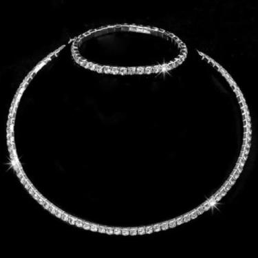 Imagem de Conjunto Pulseira Colar Prata 1 Volta Gargantilha Strass C46 - Milly -