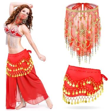 Imagem de Mepase 1 conjunto de roupa de dança do ventre para dança do ventre, lenço de quadril, véu de rosto com miçangas, lantejoulas para mulheres, acessório de fantasia de Halloween, Vermelho, Tamanho Único