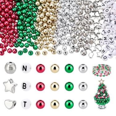 Imagem de PH PandaHall 1000 contas de Natal para pulseiras, contas de plástico redondas de 6 mm, 4 cores, coração, estrela, facetada, miçanga para fazer joias de Natal e artesanato faça você mesmo e brincos de