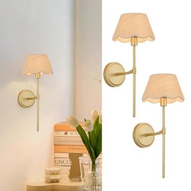 Imagem de Haolaike Arandelas de parede de vime Conjunto de duas luminárias de parede douradas tecidas à mão para casa de fazenda rústica boho interior quarto montagem na parede luminárias