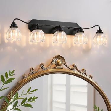 Imagem de Luminárias de banheiro vintage, 5 luzes para banheiro, acabamento em latão preto fosco antigo com sombra de vidro cristal, arandelas de parede de meados do século para quarto, sala de estar, corredor