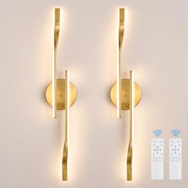 Imagem de AIRYPHANT Conjunto de 2 arandelas de parede LED com fio dourado, lâmpada de parede com controle remoto para quarto, luz de parede regulável moderna para quarto, sala de estar, hall de entrada, 15 W