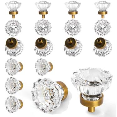 Imagem de Puxadores de armário vintage de cristal pacote com 16, pequeno puxador de cristal transparente de latão antigo para gavetas de cômoda de armário e guarda-roupa, puxadores retrô de liga sólida com furo