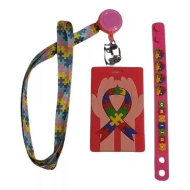 Imagem de Kit Cracha Autista + Cordão Autismo + Pulseira + Roller Clip Vermelho