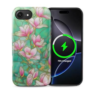 Imagem de casesok Capa para iPhone 16e, compatível com MagSafe, capa rígida de camada dupla + capa de silicone, proteção total à prova de choque para iPhone 16e flores de magnólia rosa vintage