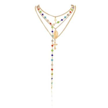 Imagem de GRUOR Conjunto de colar com cruz de Virgem Maria para mulheres, colares longos em camadas delicadas, colar de crucifixo de corrente em Y ajustável, joias de oração católica religiosa para mulheres