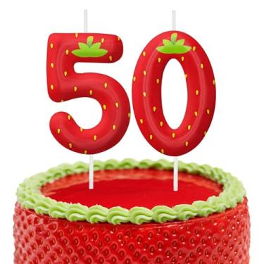 Imagem de Velas de aniversário de morango, decoração de topo de bolo de 6 cm, número 50 velas, decorações de aniversário, decorações de bolo de festa de aniversário, suprimentos de festa