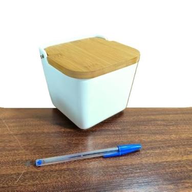 Imagem de Saleiro Porcelana Branca Tampa Bambu 13x13x12cm 870g
