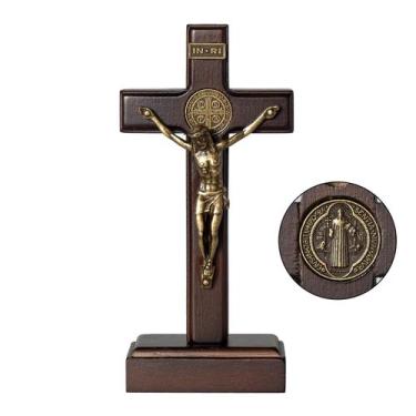 Imagem de Cruz em pé de madeira KUXBET Jesus Cristo Crucifixo de 13 cm