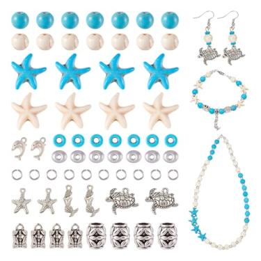 Imagem de Elecrelive 100 peças de contas turquesa azul e branca estrela do mar com 4 estilos de pingentes de praia e oceano pedra turquesa para o verão, pulseiras, colares, brincos, faça você mesmo para fazer