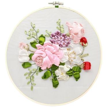 Imagem de SARBUTER Kits de bordado de fita, design floral 3D com moldura, kits de costura de carimbo de arte de bordado DIY para decoração de casa (flores frescas-02)