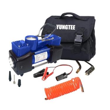 Imagem de YUNGTEE Bomba de insuflação de pneu azul com cilindros duplos resistentes, acionamento direto, bomba de compressor de ar portátil de 12 V com luz LED de emergência - Bomba de pneu de 150 PSI, aplicar