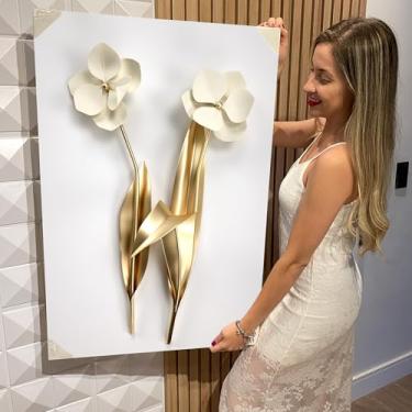 Imagem de Quadro Decorativo Canvas Flores Brancas e Douradas Vertical (CAN1044)