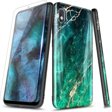 Imagem de WDHD Capa de celular compatível com Samsung Galaxy A50, verde mármore | com protetor de tela de vidro temperado | Capa protetora ultrafina e brilhante elegante
