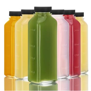 Imagem de Pacote com 6 garrafas de suco de vidro de 300 ml com tampas, recipientes de suco reutilizáveis, garrafas à prova de vazamento para sucos, vitaminas, água, kombucha e muito mais, inclui tampas extras