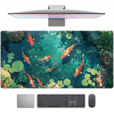Imagem de Koi Fish Tapete de mesa para jogos Koi Pond Tapete de mouse grande e fofo, tapete de mouse Goldfish XXL para laptop, Blue Waters Gamer Mouse pad Full Desk Mousepads legais acessórios de mesa de