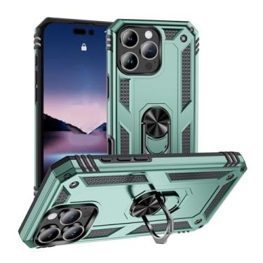 Imagem de SORAKA Capa para iPhone 16 Pro com suporte de anel, capa protetora para iPhone 16 Pro, capa traseira de policarbonato rígido com placa de metal para suporte magnético de telefone e carro, verde