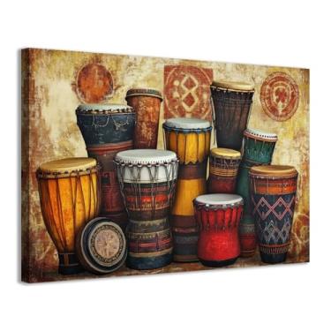 Imagem de CCWACPP Arte de parede de tambores africanos imagens antigas étnicas pintura de música africana vintage instrumentos musicais tradicionais impressões em tela para decoração de casa emoldurada (40,6 cm